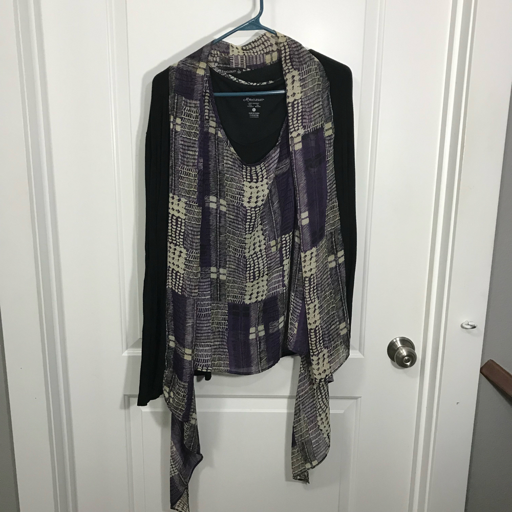 Miraclesuit Womens Black Open Drape  Cardigan with Lined Tank Large
